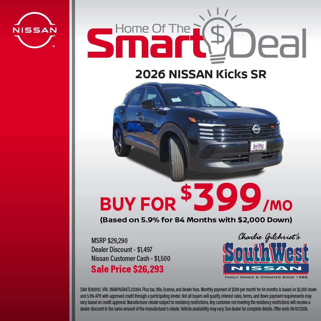 BUY A 2026 NISSAN KICKS SR FOR $399/MO!